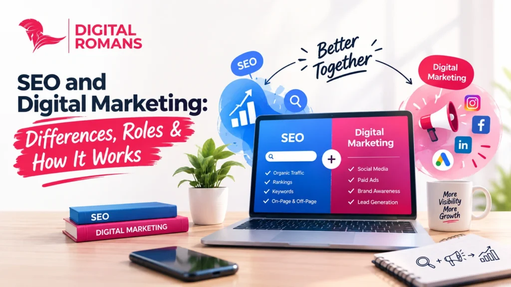 SEO and digital marketing comparison showing how both strategies work together for better online visibility and business growth.