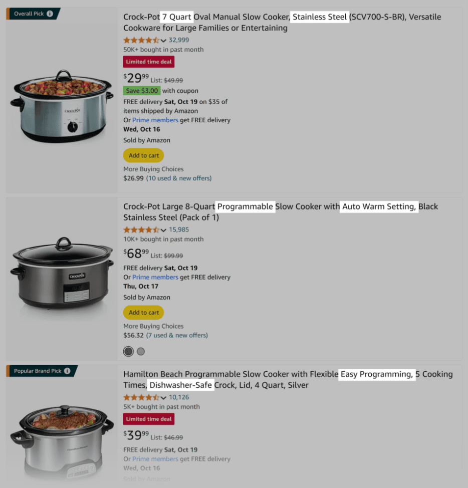 Product list on amazon