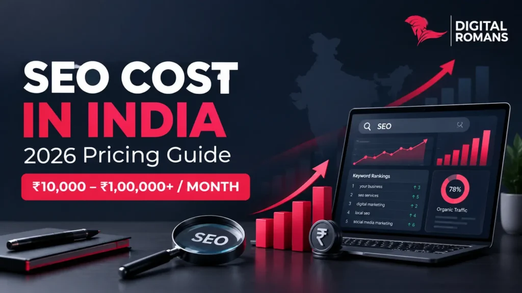 SEO cost in India 2026 pricing guide showing monthly SEO packages from ₹10,000 to ₹1,00,000+.