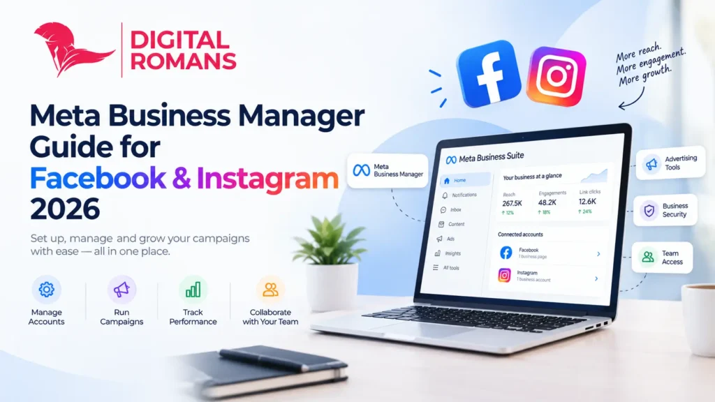 Meta Business Manager 2026 setup guide for Indian businesses, featuring Facebook, Instagram, Ads Manager, Pixel, Catalogs, security, and team access.